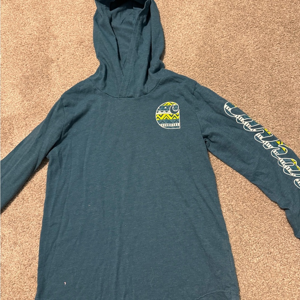 Carhartt Teal Green Hooded Kids Long Sleeve Shirt with Sleeve Graphic